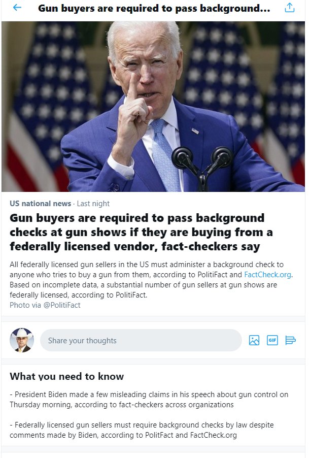 Chris_Narayanan's tweet photo. Ok, @Twitter, I'm pleasantly surprised by your public acknowledgement of this #FactCheck on #BidenGunControl https://t.co/3rg7LE6eGk