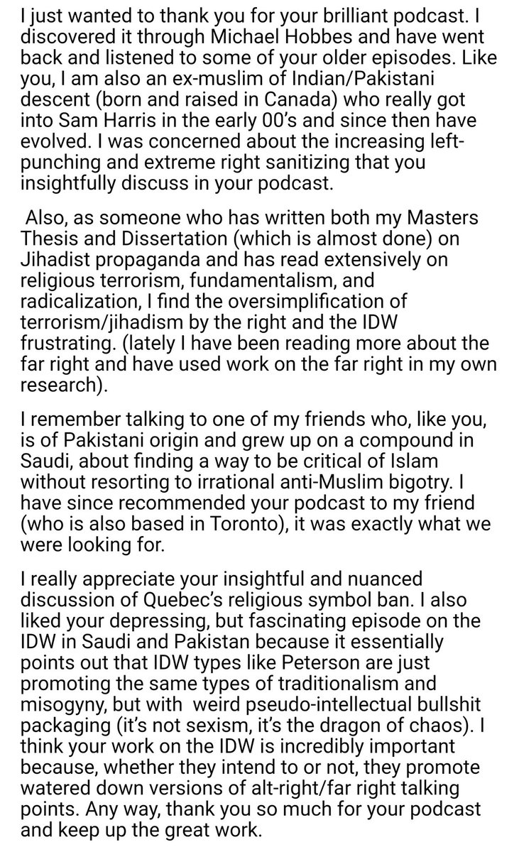 Love hearing from other ex New Atheist types! Especially from other ex Muslims (sadly rare) who find the rightward direction of that scene to be alarming. (Sharing with permission)