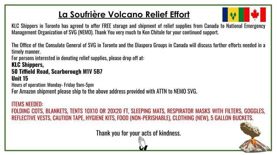 The 6ix has entered the mix: if you’re based in Toronto  + want to donate supplies, call KLC Shippers at 416-759-2736 to drop-off. The Office of the Consulate General of SVG + the Diaspora Groups in Canada are also expected to collaborate.  #CaribbeanStrong  #LaSoufriereEruption