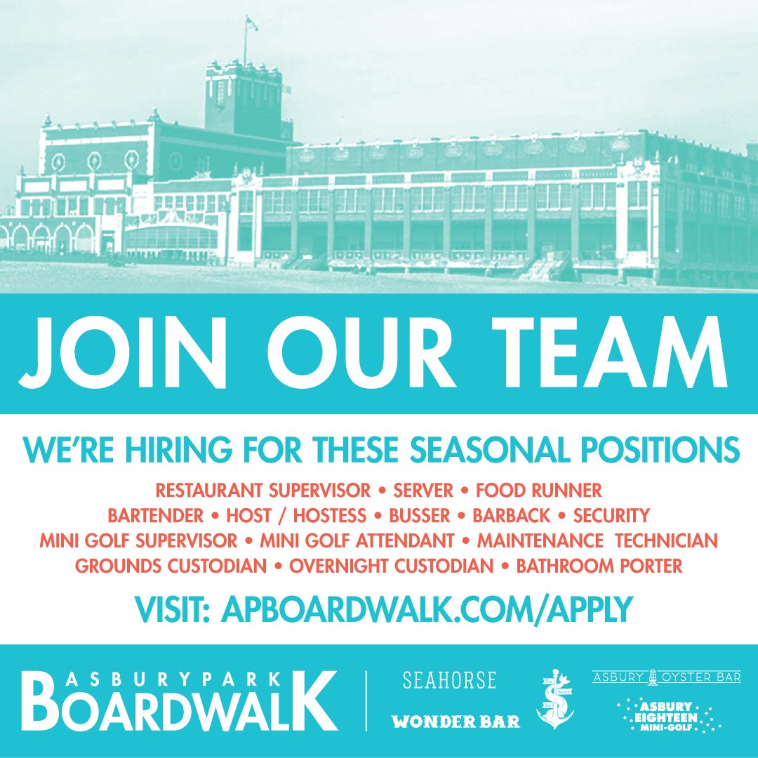 Come work with us! 
Visit: apboardwalk.com/apply