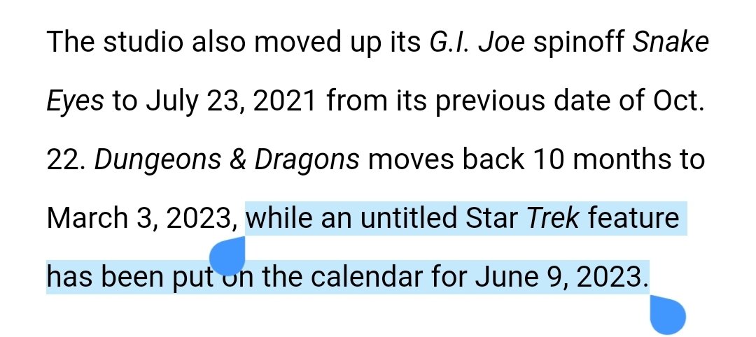 파라마운트가 새 스타트렉 영화 개봉일을 2023년 6월 9일로 발표!!!!!!!!!!!!! 켈빈 영화가 될지 아직까진 미지수.
🔗 hollywoodreporter.com/amp/heat-visio…
#startrek