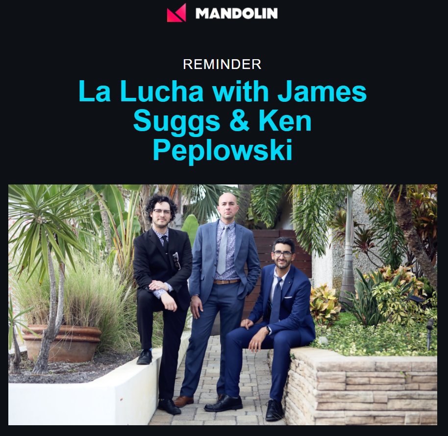 LaLuchaBand's tweet photo. La Lucha with James Suggs &amp; Ken Peplowski | Livestream Tonight on Mandolin! - https://t.co/kfUThqyeA1 https://t.co/7jUJgh7oqe