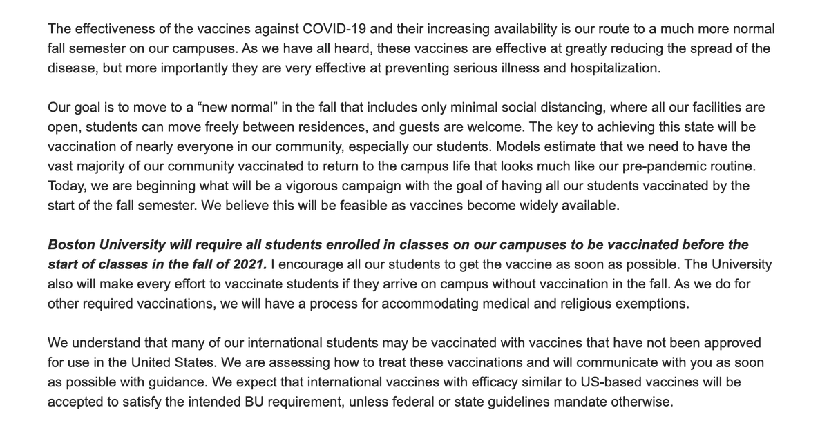 fergusonreports's tweet image. BREAKING: #BostonUniversity will require all students to get a COVID-19 vaccine before the start of classes this fall.

The university will "make every effort" to vaccinate students who arrive on campus unvaccinated.

BU will allow medical and religious exemptions.