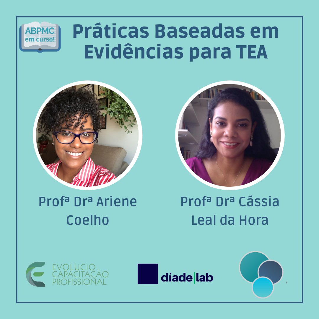 Está chegando!
Semana que vem também vai rolar o mini-curso: "Práticas baseadas em evidências para TEA", com as professoras Drª Ariene Coelho e Drª Cássia Leal da Hora.
Quando: 17/04/2021 (sábado), 9h - 12h.
Onde: Evolucio, inscrições pelo link evolucio.com.br/events/cursos-…