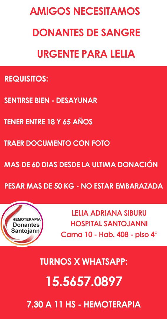 URGENTE!! Se necesitan donantes de sangre para LELIA.
Hospital Santojanni (Pilar 950, Liniers) 

Cualquier duda comunicarse con <a href="/SantiRubotti/">Santi Rubotti</a> 

Se agradece difusión 🙏🏽