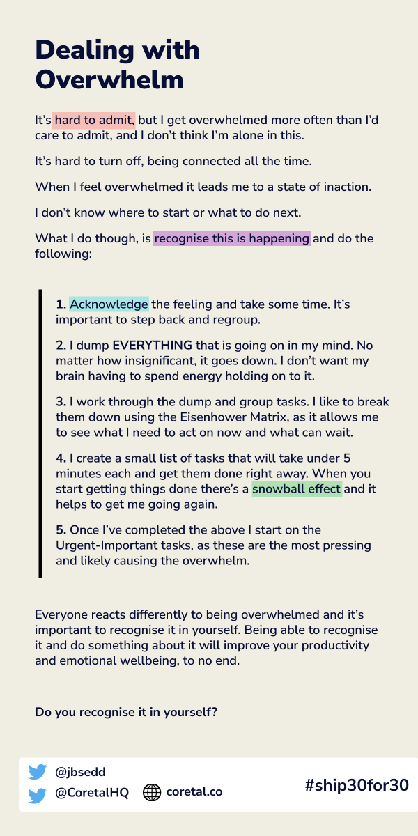 When was the last time you felt overwhelmed? 

What about the time before that?

It’s happening probably more often than you’d care to admit. It is for me.

Here are my 5 steps to getting back on track 👇