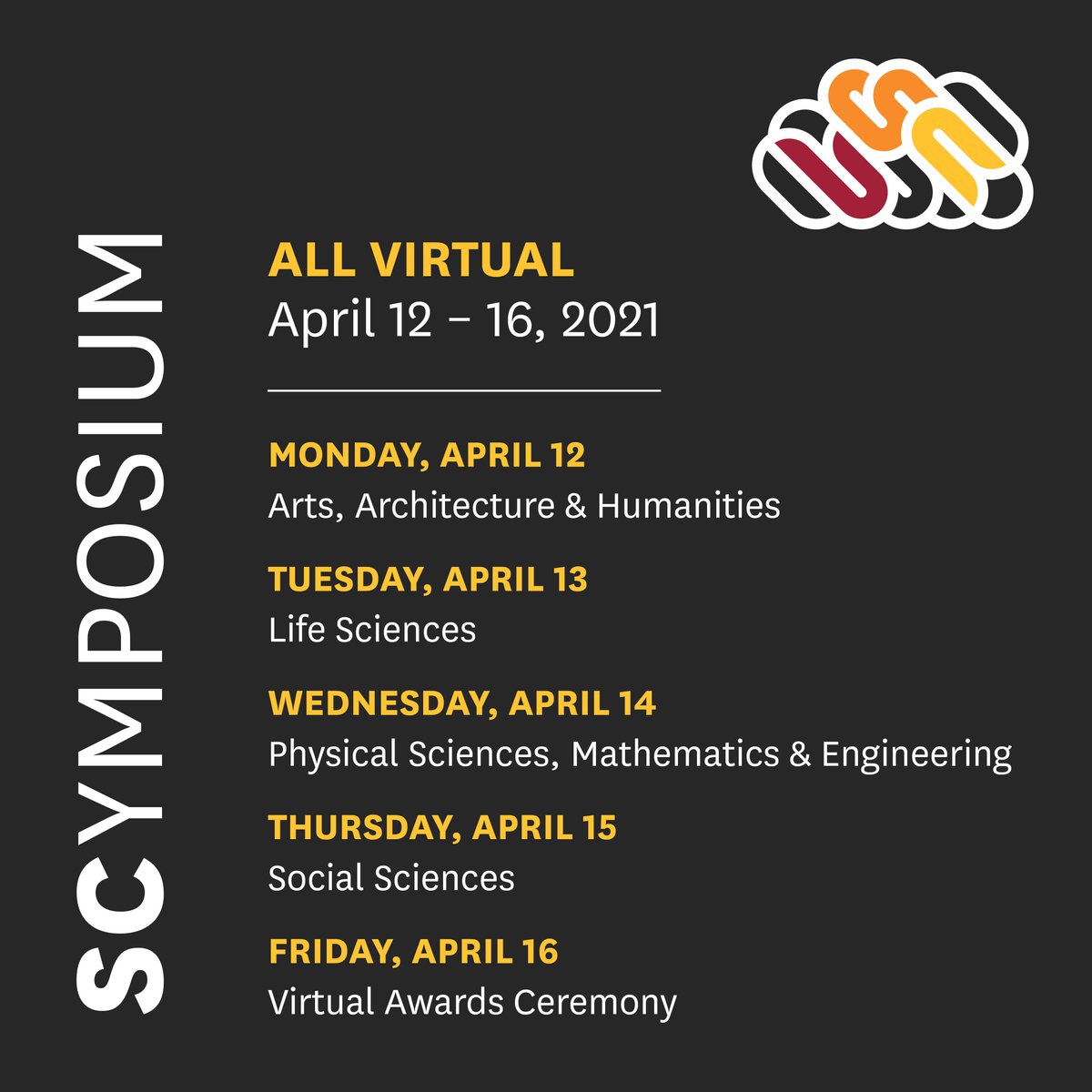 RSVP for the 23rd Annual SCymposium, April 12-16 presented by Academic Programs! Students showcase scholarly &amp; creative work to USC community: poster presentations, roundtables, virtual awards ceremony, and keynote from Provost Zukoski. <a href="/USCedu/">USC</a> <a href="/uscprovost/">Andrew T. Guzman</a> ahf.usc.edu/scymposium/