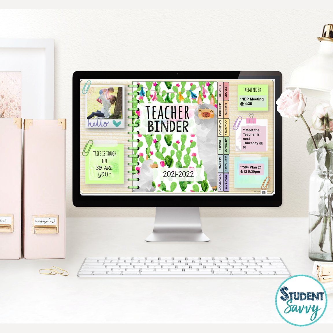 studentsavvysuz's tweet photo. Decorate your own digital teacher desk with reminder sticky notes and photos!! 😍📔🖋️Editable teacher planner in Google Slides! > https://t.co/Re6rJPn3lU https://t.co/AzwAJ1cZes