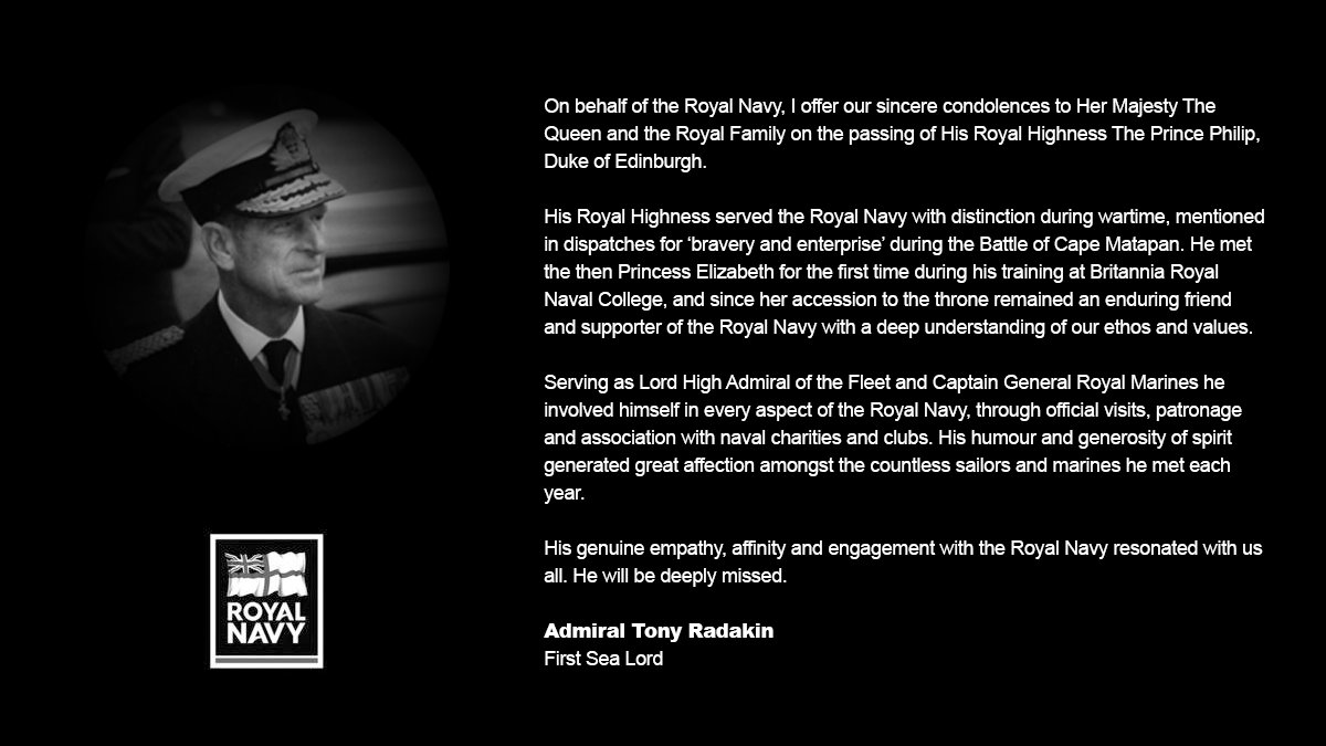 RoyalNavy's tweet image. First Sea Lord @AdmTonyRadakin's tribute to HRH The Duke of Edinburgh.