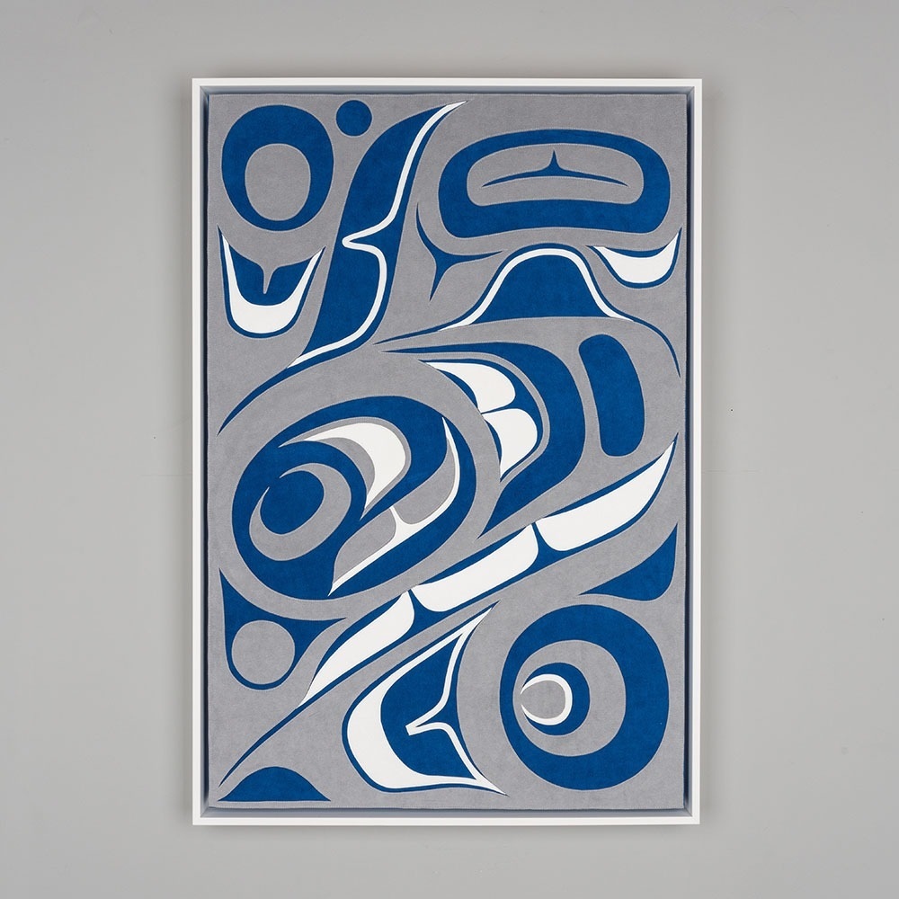 This ultra suede panel is one of Trace's more recent works. Around 2015, Trace did a series of panels where she changed from wool to suede as a more contemporary medium.⁠
⁠
Killer Whale Panel by Trace Yeomans (Haida).