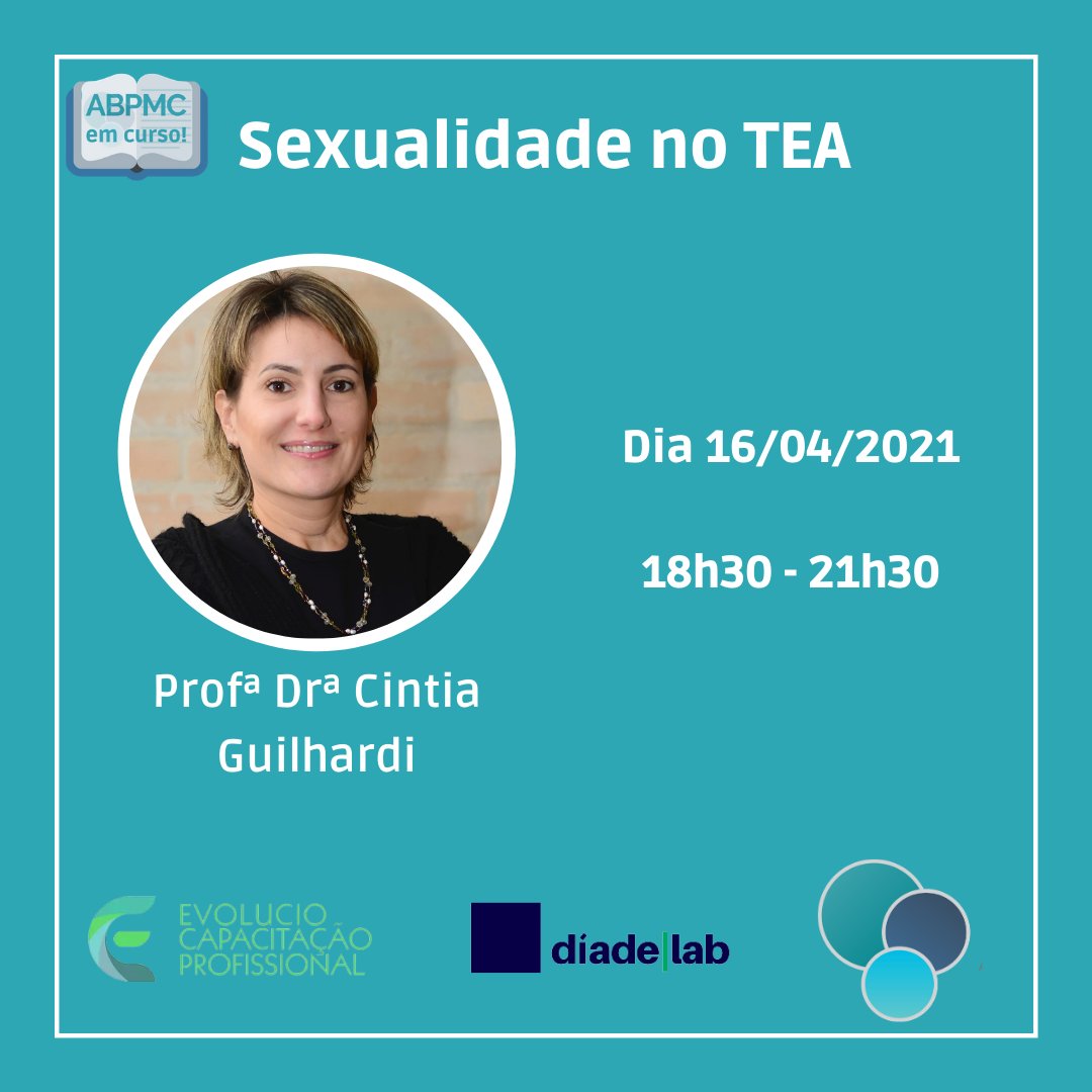 E não acabou! 
Na próxima sexta vai rolar o curso "Sexualidade no TEA", com a professora Drª Cintia Guilhardi.

Quando: 16/04/2021, 18:30 - 21:30.

Onde: Evolucio, link para inscrições evolucio.com.br/events/cursos-…