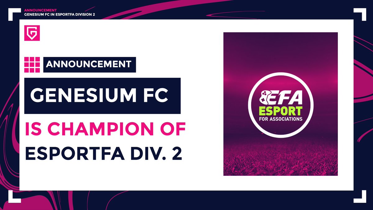 Annonce❗️La Genesium FC est champion de la #D2ESPORTFA organisé par <a href="/eSportFA_FR/">ESPORT FOR ASSOCIATIONS</a> 

Grosse saison de la part de nos joueurs avec une régularité qui nous as facilité la tache ! Place au play-down💪

Gg au podium @TeamRan_ &amp; @mtlkteamfifa 👊 

<a href="/TeamGenesium/">Genesium 🌴</a> #WhereItBegins👾