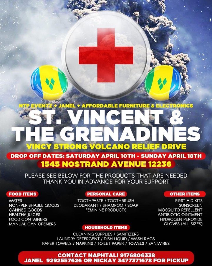 New York City: here’s one opportunity to support relief efforts for our SVG family adversely affected by  #LaSoufriereEruption. It’s a collaborative effort that will graciously accept supplies from April 10-18. See flyer for details and contact information.   #CaribbeanStrong