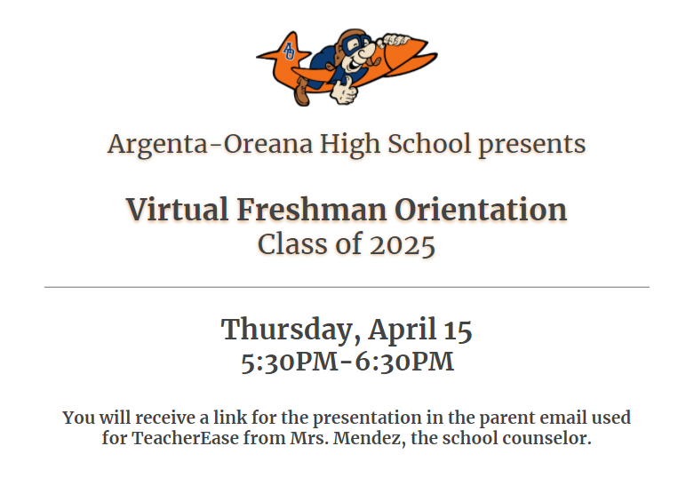 AOMiddleSchool's tweet photo. 8th grade: Virtual Freshman Orientation is scheduled for next Thursday 4/15.  Mrs. Mendez, the counselor, will also be visiting classes to talk to the students about choosing classes on Monday and Tuesday. Contact her at amendez@argenta-oreana.org with questions. https://t.co/vqx5XqFiRh