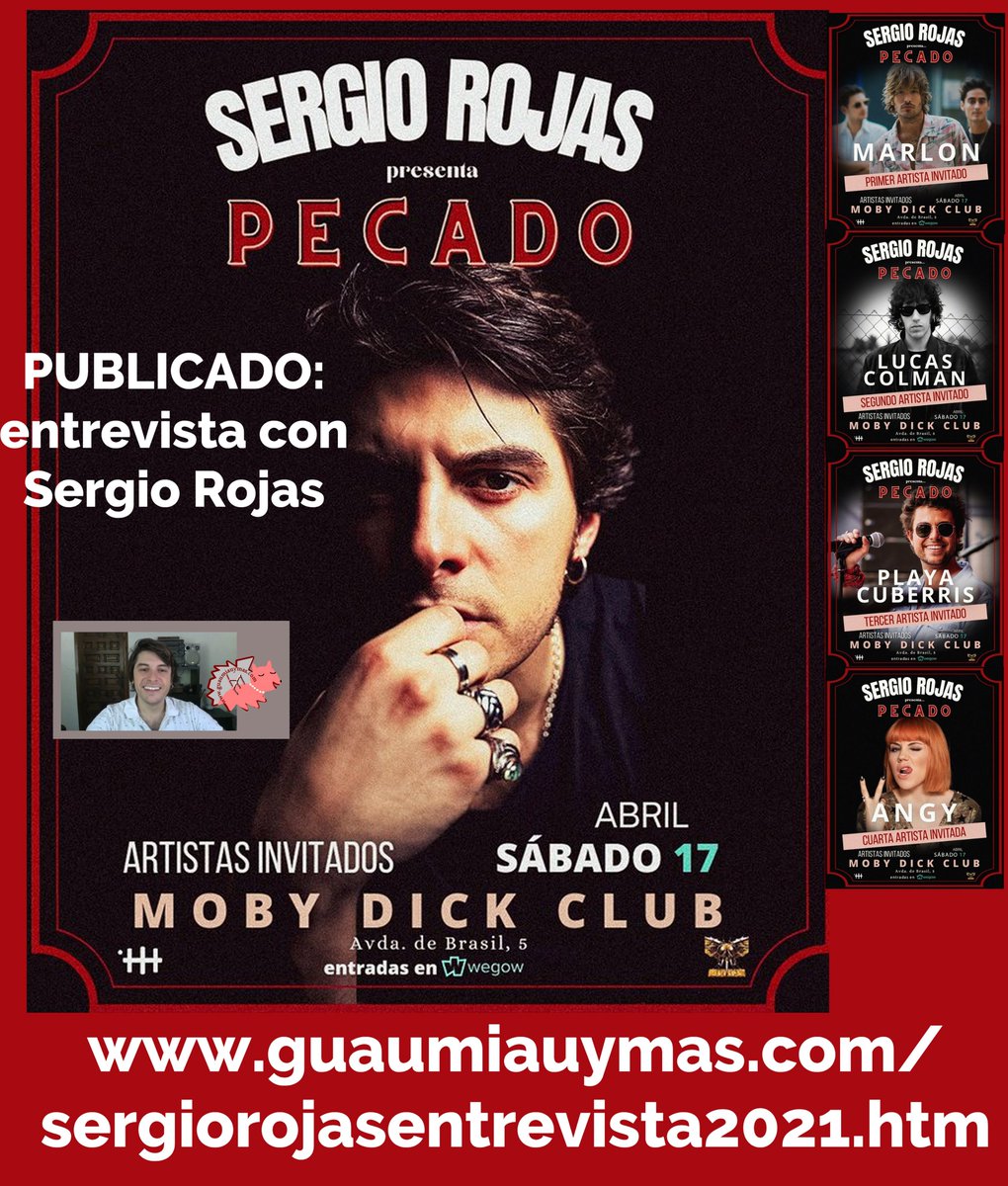 GuauMiauyMas's tweet image. Entrevista con @sergiojrojas sobre el concierto del 17 de abril en @MobyDickClub  (con los artistas invitados @_marlonoficial_ , #LucasColman , @PetoCuberris de @PlayaCuberris y @AngyFdz ), #Pecado #ContraElViento #Antojo , próximos proyectos y más   guaumiauymas.com/sergiorojasent…