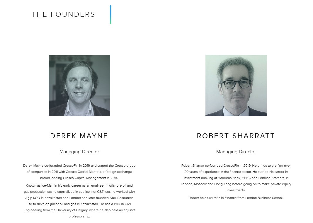 7/ Origin of the company:  @derek1848 and  @robertesharratt co-founded  @CrescoFinSA in 2019 Derek started the Cresco group of companies in 2011 with Cresco Capital Markets, a foreign exchange broker, adding Cresco Capital Management in 2014.