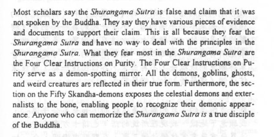 Further piece : Master H tells us that "professors" who say the Surangama Sutra is apocryphal, do so for the sake of allowing themselves to continue drinking, smoking and whoring: they simply cannot stand the pure teachings of the sutra *glances nervously*