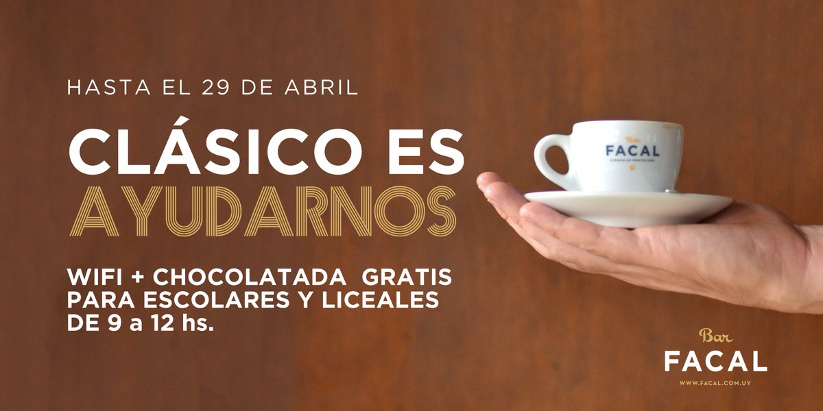 barfacal18's tweet photo. Debido a la situación actual del País estaremos ofreciendo una Chocolatada + Wifi gratis a escolares y liceales de c.básico necesiten un lugar sus clases virtuales.

Estaremos ofreciendo este beneficio hasta el viernes 29 de abril, de 9am a 12am, de lunes a viernes.

#BarFacal https://t.co/oM71uBYy3Q