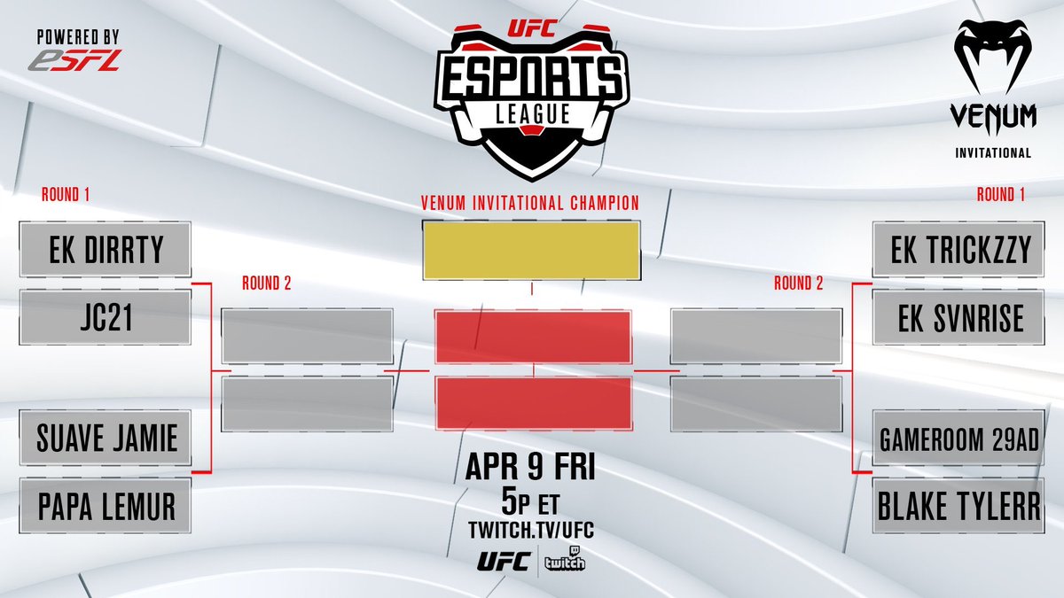 UFC4Stephen's tweet image. The @ESFLGaming on @ufc tournament has been announced! Suave is the favorite in this bracket, but i believe DirtyDave has what it takes to win it all. Show starts live tonight at 5pm EST on twitch.tv/ufc