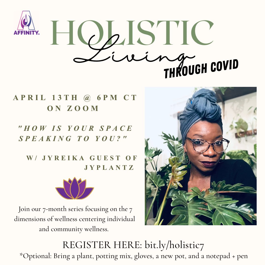 affinityCS's tweet image. 🤔 How are you thriving in your space during COVID? 🏘

We want to chat about your spaces. We’ve seen so many people take this time to dive into their care of plants. 🎍🪴Join us on Tuesday, April 13th at 6PM CT as we rethink our spaces. 

Register here: bit.ly/holistic7