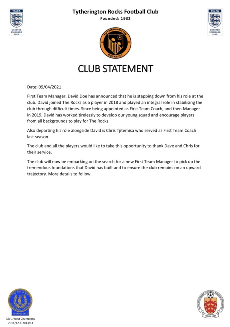 🧡🖤CLUB STATEMENT🖤🧡

David Doe steps down as First Team Manager...