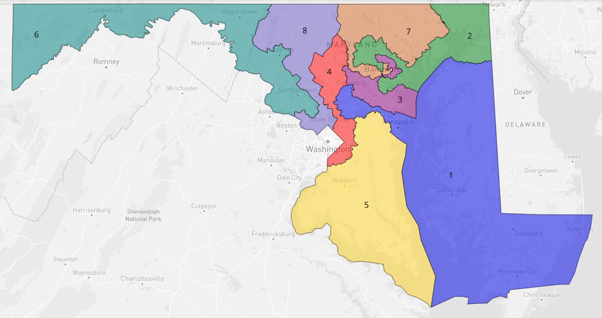 In the example below, Harris's  #MD01 would go from Trump +20 to Biden +15 (a 35 point swing!), by losing heavily R parts of Cecil/Harford/Carroll counties and picking up Annapolis, Columbia and Laurel. All seven other districts are still Biden +20 or more.