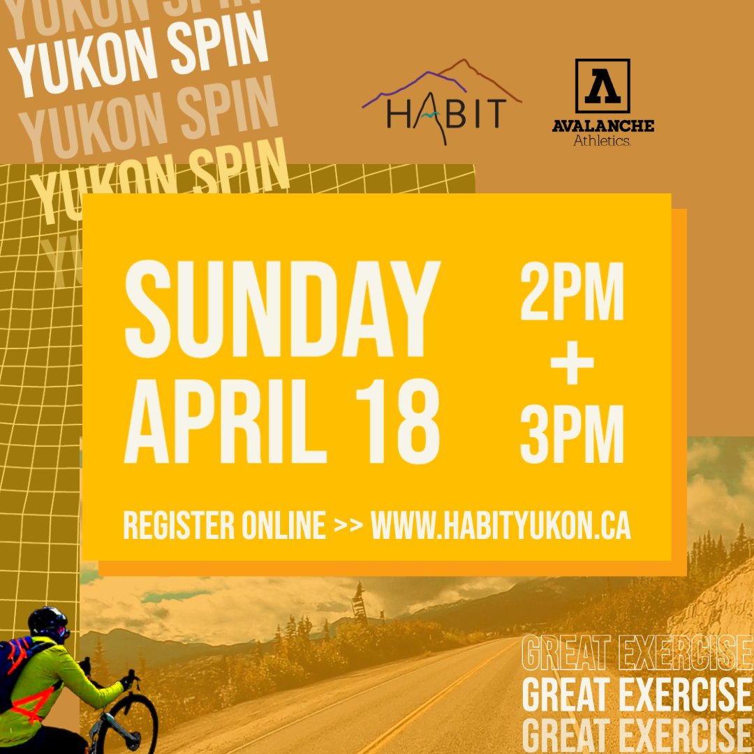 🚲 Get your cardio on with Yukon Spin class with Habit Health And Wellness at Avalanche Athletics 

📅 Sunday April 18th 2pm and 3pm.

👉 Register here: ow.ly/ieJx50El1Ry