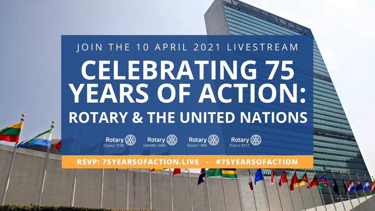 7230Rotary's tweet photo. On 10 April 2021, leaders from @UN + #Rotary celebrate #75yearsofaction in a unique, educational, free global live-stream event: https://t.co/zF6UO2LHsm
Don't miss the once-in-a-lifetime occasion: https://t.co/dQoxztOTrp
#UNWithCivilSociety #OnlyTogether #PeopleOfAction https://t.co/tBPufTopu1