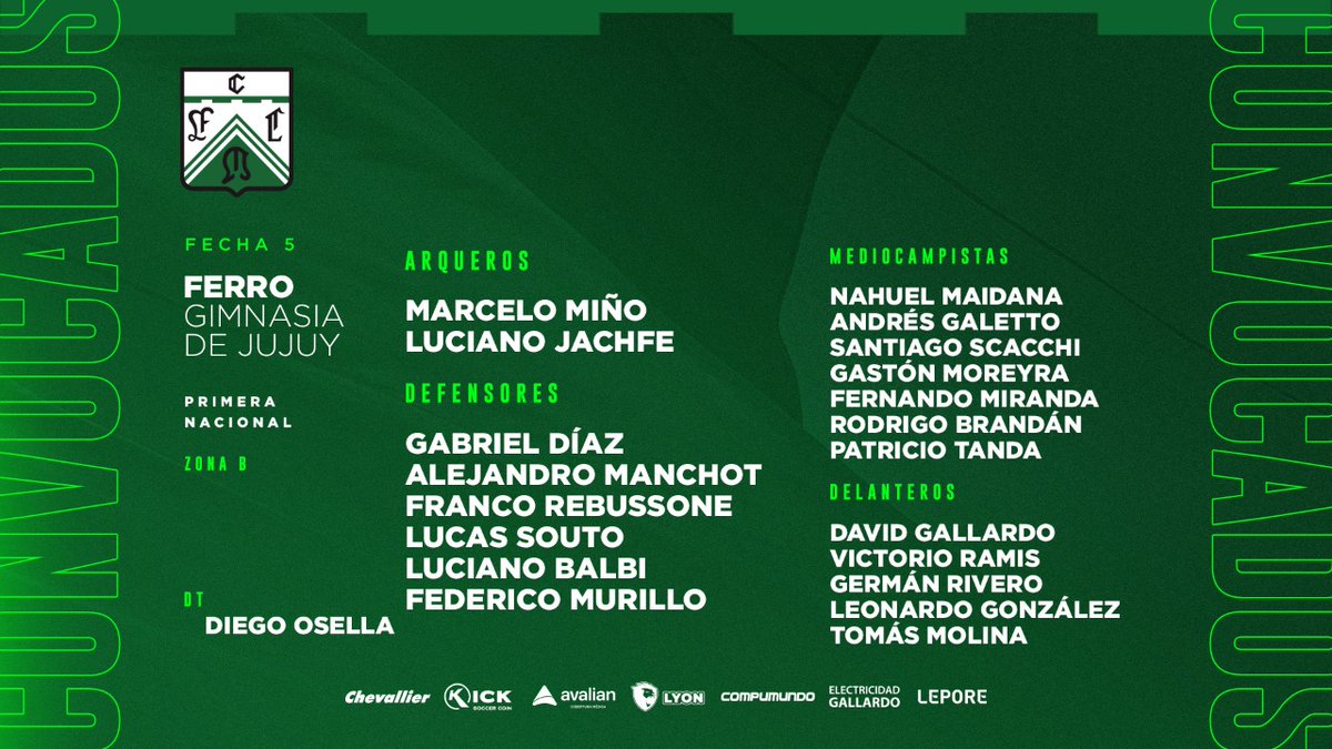 ⚽ ¡Mañana, #Ferro!

📋 Estos son los 20 convocados para recibir a <a href="/OficialGyEJujuy/">Gimnasia y Esgrima de Jujuy</a> por la Fecha 5 de la #PrimeraNacional.

¡Vamos Oeste! 🚂💚