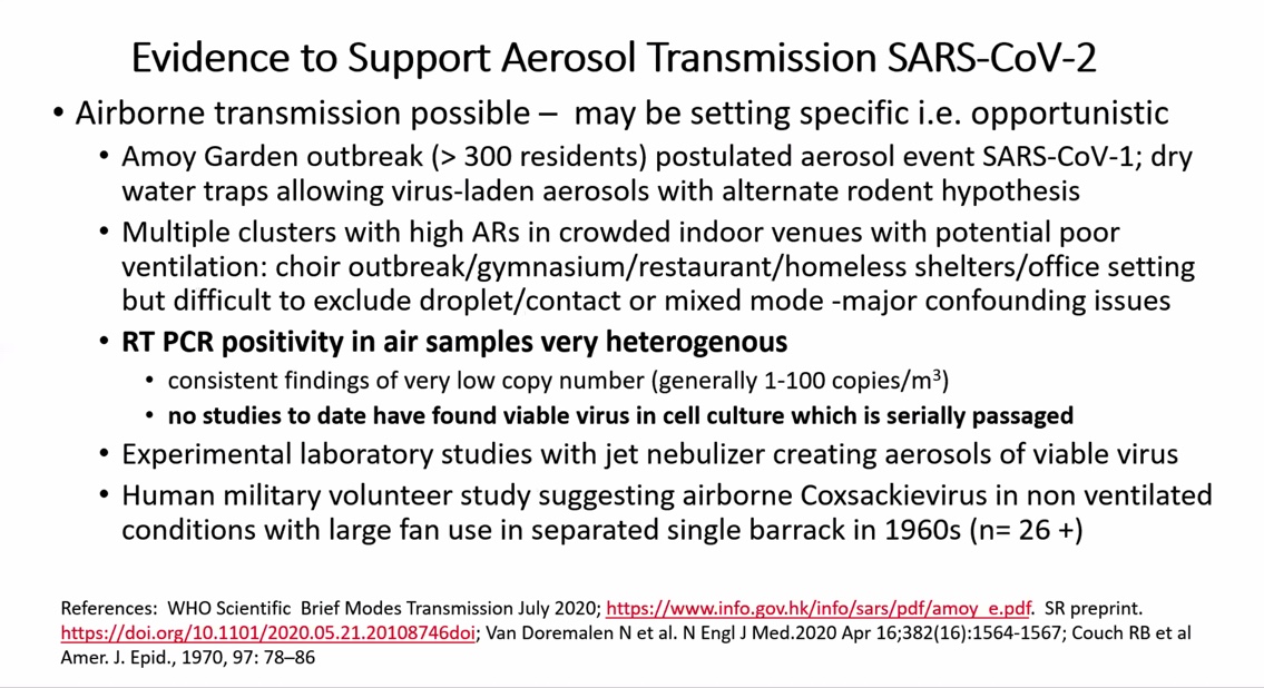 Summary: Does anyone else think these two slides alone provide evidence indicating that Prof Conly is importantly biased against airborne transmission of SARS-CoV-2? He's omitted a vast body of data supporting airborne.Does anyone have any idea what his true motivations are?