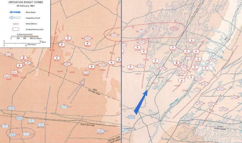 La operación recibe el nombre de Knight Strike. Se trata de realizar un 'reconocimiento en fuerza', pero sin trabar un combate decisivo. Y hay orden de retirada a las 17.00h. Porque la misión de la TF 1.5 es reforzar un engaño que la Coalición viene alimentando desde hace tiempo