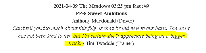 InsideHarness's tweet photo. Boom... $39.50 Winner The Meadows Race #9 c/o for the late Pick 4... if you had 3 out 4 too bad you hadn't signed up to https://t.co/oftNUlVH3A cause if you would have read what trainer Tim Twaddle posted before the race... you might have had a pool shot! 
#insideharness https://t.co/Lt8zo61Wfg
