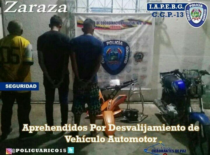 poliguarico15's tweet photo. Cumpliendo órdenes del Gobernador @josemvasquez y lineamientos del G/D Miguel Urrieta Director del IAPEBG, fueron aprehendidos (03) ciudadanos por incurrir en el delito de Desvalijamiento de Vehículo Automotor quedando a la orden del MP🚨🚔.
#BioseguridadPorLaVida
#Zaraza
#CCP13 https://t.co/h4pC56h2Hk