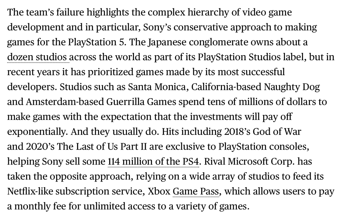 There are other things in this article that don't seem 100% correct, IMO. Like this paragraph. Microsoft also has large first-party studios that work on owned IP and they spend a ton of money on these projects. The development of Halo Infinite would pay for several TLOU titles.
