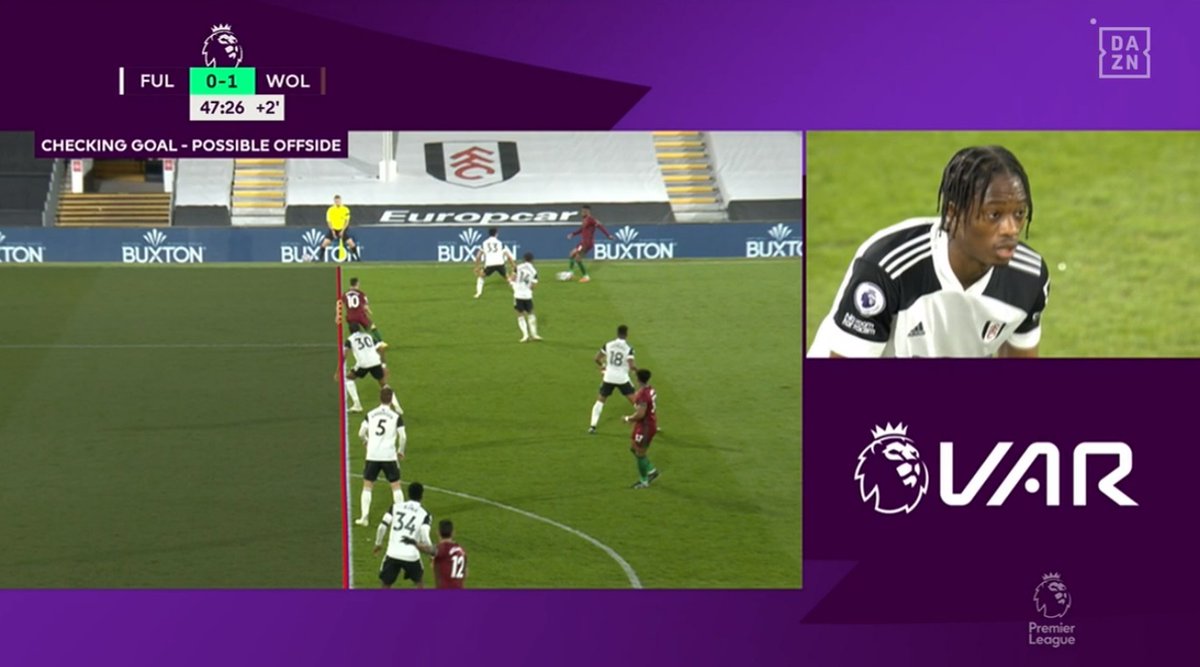 goal's tweet photo. Football in 2021 🙃

Wolves have just had a goal disallowed for THIS offside in the buildup ❌

Thoughts? 🤔 https://t.co/sOXnLhMOsZ