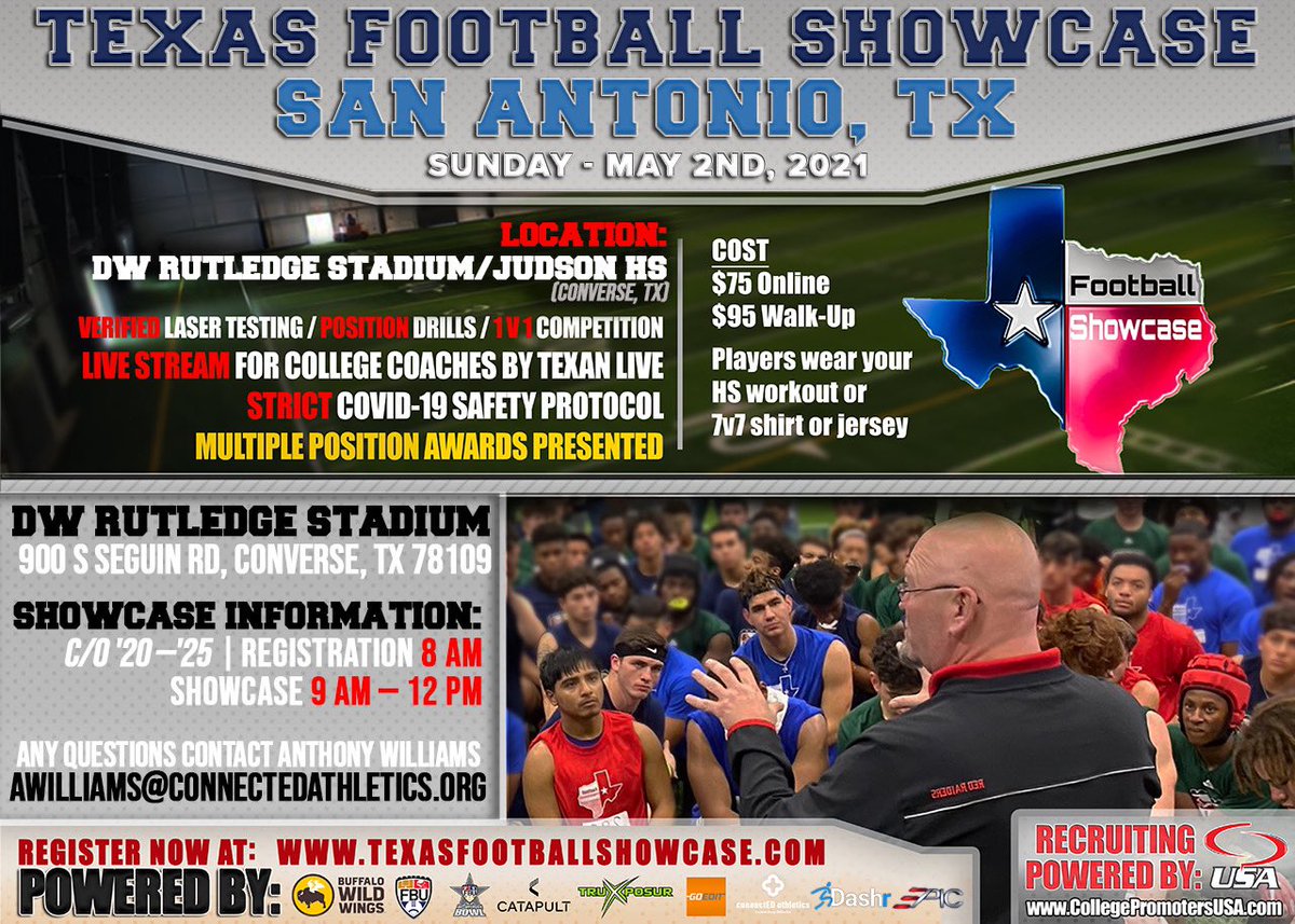 SATXrecruiting's tweet photo. 🔥 We’re SUPER pumped for this year’s Texas Football Showcase here in SA! 📅 May 2nd. Hosted at the legendary DW Rutledge Stadium, home of the Judson Rockets.🚀

👉 See flyer for more info &amp; keep an eye out! 👀 They’ll be landing all over area HS campuses soon too!
#Recruiting101 https://t.co/mTLPPeTDOT