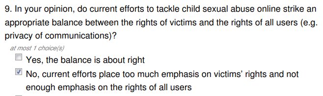 Skipping ahead to Q9: this is a leading question, with no good answer options. Just check one of the first two boxes or “No opinion.” If you leave a comment, say that you don’t agree that there is a conflict between victims’ rights and the rights of all users—because there isn’t.