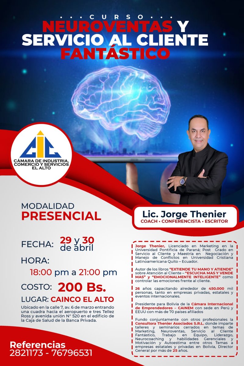 CAINCO EL ALTO (@cainco_el_alto) on Twitter photo #CursoDeNeuroventas
#CursoDeServicioAlClienteFantástico
#CaincoElAlto
Te invitamos a participar del curso de Neuroventas y Servicio al Cliente Fantástico, organizada por la Cámara de Industria, Comercio y Servicios El Alto.
👇👇👇
 Mayor información: wa.link/194vil #CursoDeNeuroventas
#CursoDeServicioAlClienteFantástico
#CaincoElAlto
Te invitamos a participar del curso de Neuroventas y Servicio al Cliente Fantástico, organizada por la Cámara de Industria, Comercio y Servicios El Alto.
👇👇👇
 Mayor información: wa.link/194vil