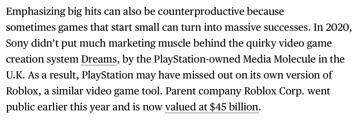 This one is weird. I'm not sure how anyone can compare the evolution and growth profile of Roblox to Dreams. Not every sandbox crafting game will become Minecraft either. It's not really a marketing problem I don't think?