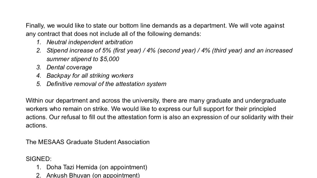 The graduate workers of the Department of Middle Eastern, South Asian, and African Studies have released a statement