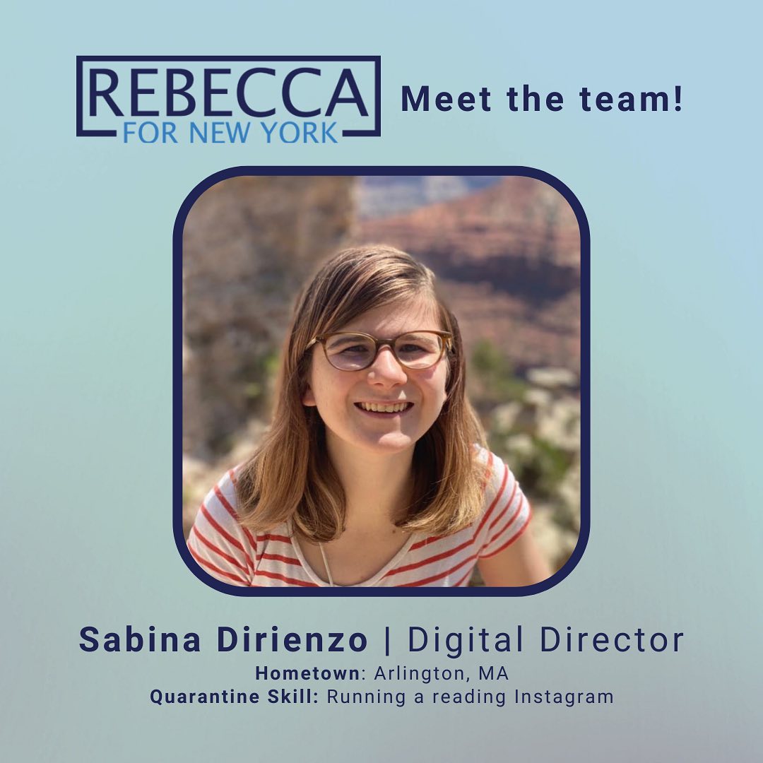 A blue and pure gradient background with the Rebecca For New York logo at the top with the text, “Meet the Team!” A picture of Sabina is in the middle, she has brown hair and is wearing glasses and red and white striped shirt.