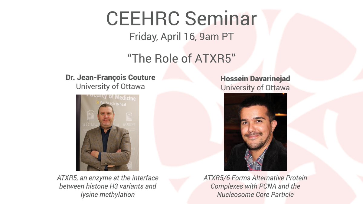 Next in our seminar series is Dr. Jean-Francois Couture <a href="/jfcouturelab/">Jean-Francois Couture Lab</a> and Hossein Davarinejad from <a href="/OISB_IBSO/">OISB</a> <a href="/uOttawaMed/">uOttawa | Faculté de médecine, Faculty of Medicine</a>!

Join us on Friday, April 16 @ 9am PT / 12pm ET to hear about their work on "The Role of ATXR5"

mcgill.zoom.us/j/83761976697?…