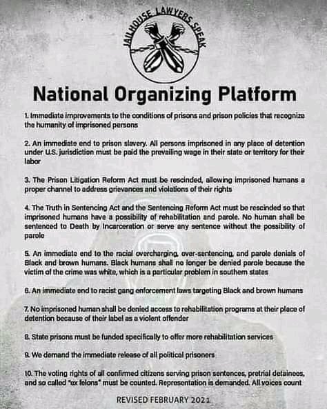 Organizers are struggling to accept that people incarcerated have organized national networks throughout the country. They will be the ones speaking about people inside organizing but refuse to reach out to them to assist. We deal with this type all the time

--Justice Ubuntu--