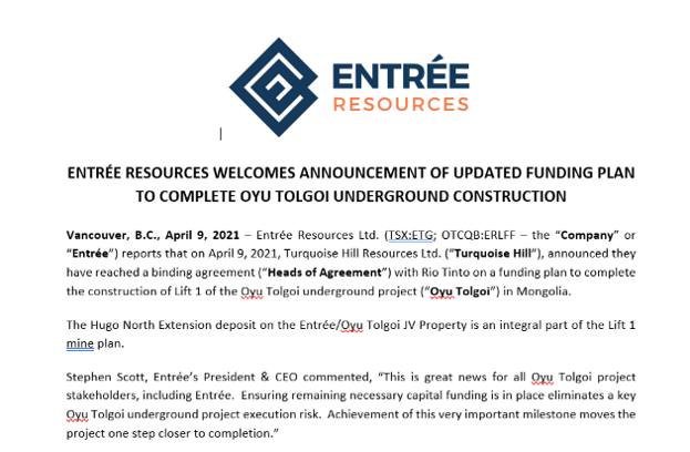 EntreeResource's tweet photo. @EntreeResource welcomes announcement of updated funding plan to complete #oyutolgoi underground construction. More at https://t.co/8nURcQUT1d #mongolia $ETG $ERLFF https://t.co/oY0ClnTnhc