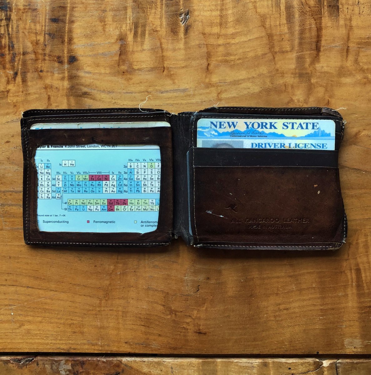 "Oh, I carry a periodic table in my wallet.  I love it very much.  It stands for order, stability - but it also stands for imagination and mystery." This is a photo of Sacks' actual wallet, with a periodic table where most people keep their photo ID. #OliverSacksPBS