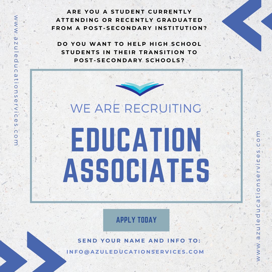 azuleducation's tweet photo. Are you a postsecondary student or recent graduate from #university or #college? Want to help students in their transition from high school to post-secondary? 
We are recruiting EDUCATION ASSOCIATES! Send DM to learn more about this leadership opportunity.
#leadership #community https://t.co/37qeNVJWHc