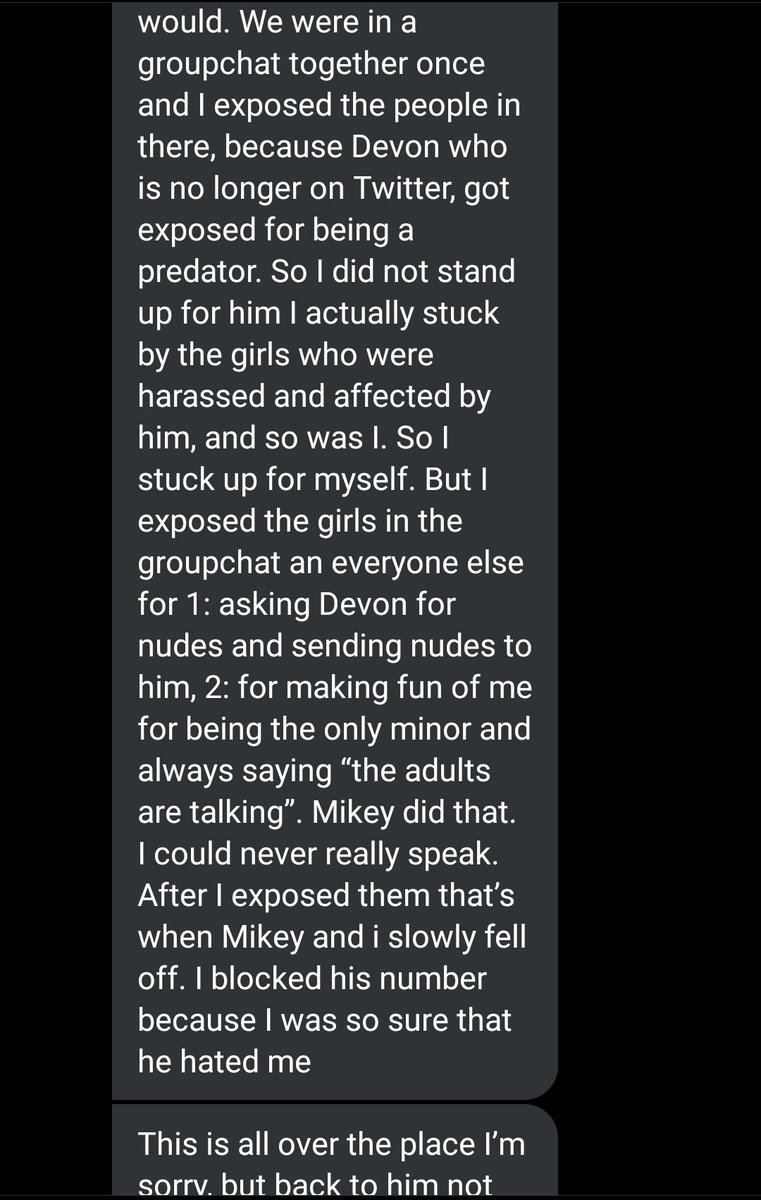 • mikey defending a predator with many victims who got exposed before (devon) ignoring victims: