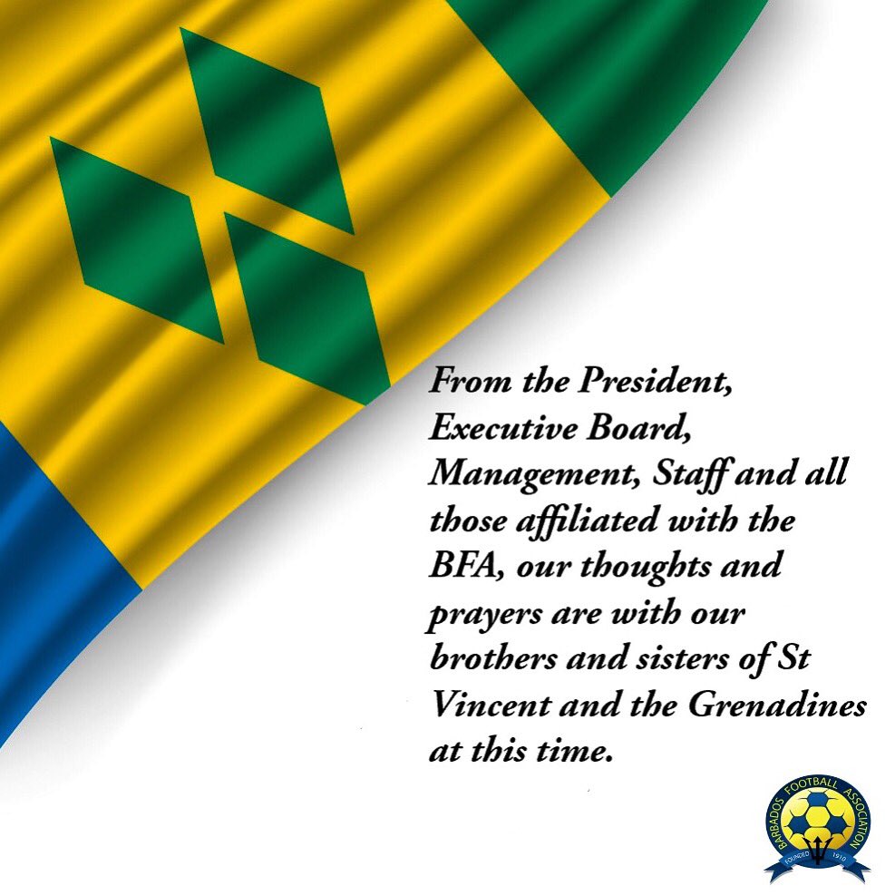 BarbadosFA's tweet photo. Our thoughts and prayers are with our Vincentian brothers and sisters at this time. #oneCaribbean #prayersforStVincentandtheGrenadines https://t.co/oZvrpp7bVQ
