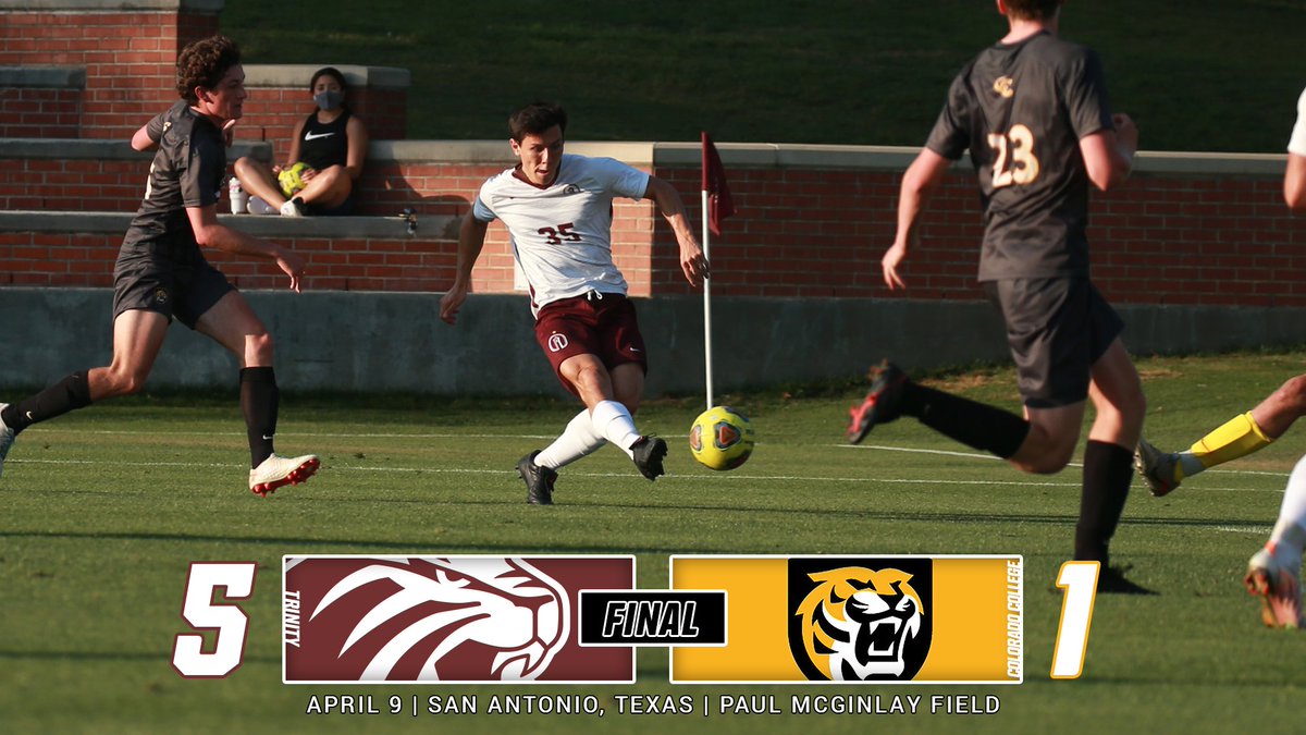 FINAL: <a href="/TrinityUTigers/">Trinity Athletics</a> defeat <a href="/CCTigers/">CC Tiger Athletics</a> on Senior Day! Trinity wins the battle between the top two teams in the <a href="/SCAC_Sports/">SCAC</a> standings! #TigerPride #SCACmsoc

Jack Eubank scored a pair of goals and Fraser Burns had a goal and two assists.