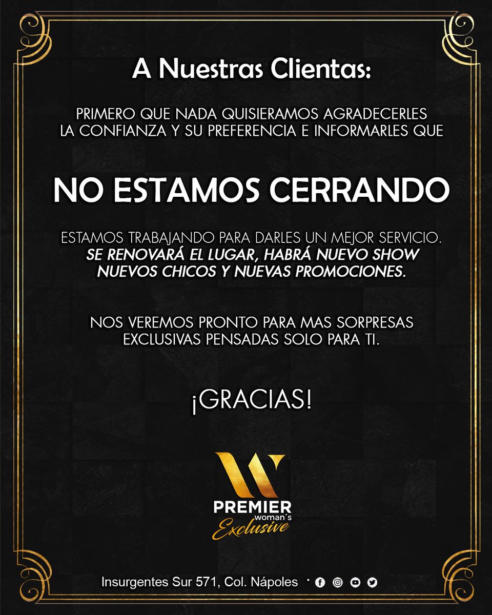 WomanPremier's tweet photo. 👉A Nuestras Clientas:👈
QUEREMOS INFORMARLES QUE NO ESTAMOS CERRANDO, ESTAMOS TRABAJANDO PARA DARLES UN MEJOR SERVICIO.

😈NOS VEREMOS PRONTO PARA MAS SORPRESAS 
EXCLUSIVAS PENSADAS SOLO PARA TI.
¡GRACIAS!

 #womanspremierexclusive #strippersnight #strippers  #womansclub https://t.co/PvUg0aYM0X